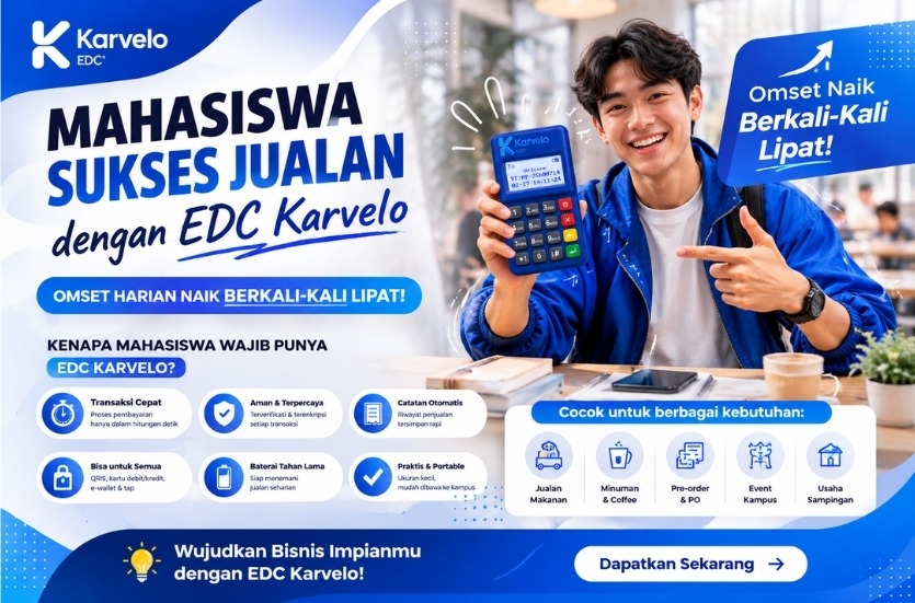 Mahasiswa sedang berjualan menggunakan mesin EDC Karvelo untuk pembayaran cashless